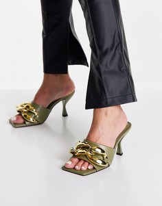 Мюли на каблуке с декоративной цепочкой цвета хаки ASOS DESIGN Heather-Зеленый цвет