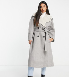 Серое пальто с поясом и воротником «борг» ASOS DESIGN Petite-Серый