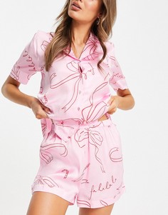 Розовый атласный пижамный комплект в новогоднем стиле с шортами, рубашкой с короткими рукавами, надписью "Falala" и подарочной сумкой ASOS DESIGN-Розовый цвет