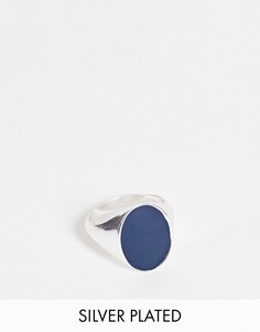 Посеребренное кольцо-печатка с большим темно-синим камнем ASOS DESIGN-Серебряный