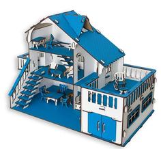 Сборный кукольный домик Эlen Toys с террасой и мебелью, синий