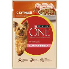 Влажный корм Purina ONE МИНИ Контроль веса для взрослых собак мелких пород, с курицей, коричневым рисом и томатами в подливе, 85гр