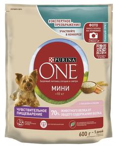 Сухой корм для собак мелких пород Purina ONE МИНИ Чувствительная, с лососем и рисом, 600гр
