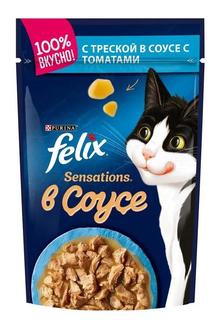 Влажный корм для кошек Felix Sensations в соусе, треска/томаты, 85гр