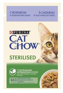 Влажный корм Cat Chow для взрослых стерилизованных кошек и кастрированных котов, с ягненком и зеленой фасолью в соусе, 85гр