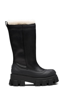 Черные кожаные сапоги с мехом Prada