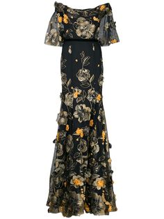 Marchesa Notte платье с открытыми плечами и цветочной аппликацией