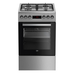 Газовая плита Beko FSE52320DXD, электрическая духовка, без крышки, эмалированная сталь, нержавеющая сталь и черный