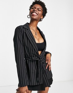 Черный блейзер в тонкую полоску с завязкой на поясе от комплекта Heartbreak – Выбирай и Комбинируй-Разноцветный