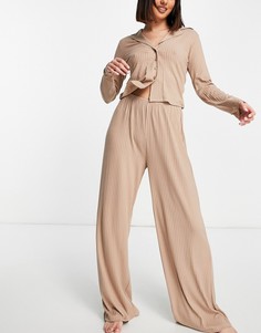 Классическая облегающая пижама из рубашки и брюк в рубчик серо-коричневого цвета ASOS DESIGN-Коричневый цвет