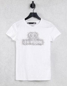 Белая футболка с логотипом и стразами Love Moschino-Белый