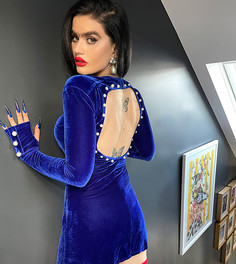 Ярко-синее бархатное платье мини с жемчужной отделкой Labelrail x Sophia Hadjipanteli-Голубой
