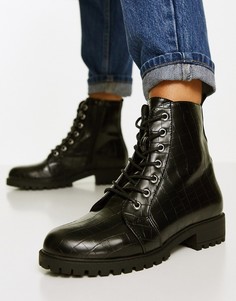 Черные ботинки до щиколотки на плоской подошве со шнуровкой и крокодиловым принтом Accessorize-Черный цвет