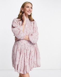 Розовое чайное платье с заниженной талией, длинными рукавами и цветочным принтом AllSaints-Розовый цвет
