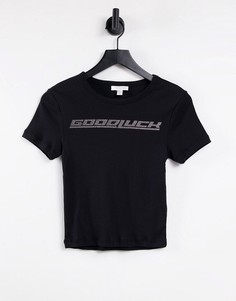 Черная футболка с надписью "Good Luck" с отделкой стразами Topshop-Черный цвет