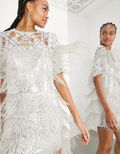 Серебристое платье мини с бахромой, пайетками и вырезами ASOS EDITION-Серебряный
