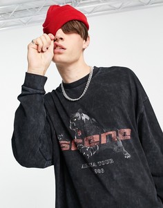 Oversized-лонгслив выбеленного черного цвета с принтом спереди и сзади ASOS DESIGN-Черный цвет