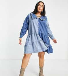 Джинсовое свободное платье мини из комбинированного материала Neon Rose Plus-Голубой