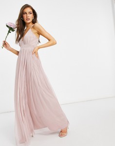 Розовое платье макси из тюля с глубоким вырезом спереди Anaya With Love Bridesmaid-Розовый цвет