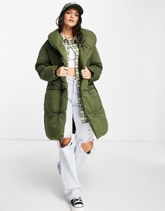 Дутое пальто цвета хаки с высоким воротником Monki-Зеленый цвет