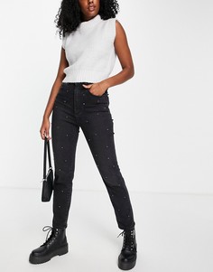 Черные узкие джинсы в винтажном стиле со стразами Stradivarius-Черный цвет