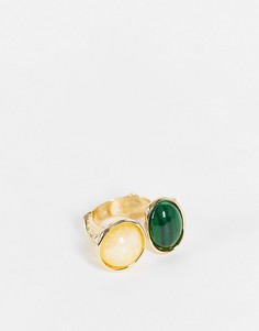 Эффектное золотистое кольцо с двумя камнями приглушенных тонов Glamorous-Золотистый