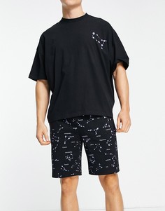 Пижамный комплект с футболкой и шортами черного цвета с принтом зодиакальных созвездий ASOS DESIGN-Черный цвет