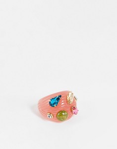 Ребристое полимерное кольцо розового цвета со стразами DesignB London-Розовый цвет