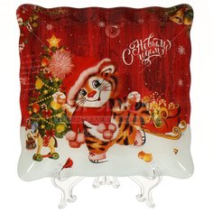 Тарелка обеденная, стекло, 20 см, фигурная, Символ Года Веселый тигренок