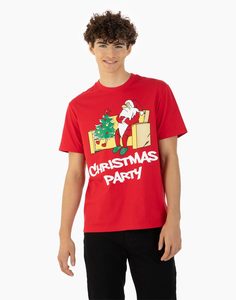 Красная футболка с новогодним принтом и надписью Christmas party Gloria Jeans