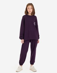 Фиолетовые брюки-джоггеры с принтом Oh wow для девочки Gloria Jeans