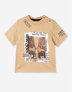 Бежевая футболка с урбанистическим принтом New York для мальчика Gloria Jeans