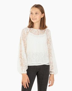 Молочная кружевная блузка с длинными рукавами для девочки Gloria Jeans