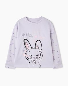 Сиреневый лонгслив oversize с блестящим принтом Kiss love для девочки Gloria Jeans