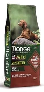 Корм Monge Dog BWild Grain Free беззерновой для взрослых собак всех пород из мяса ягненка с картофелем, 12кг