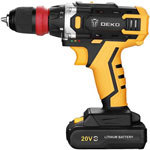 Аккумуляторная дрель-шуруповерт Deko DKCD20FU-Li SET 3 со съемным патроном в кеи се оснастка 13шт, черно-желтый ДЕКО