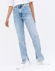 Голубые прямые джинсы с разрезами по низу штанин New Look-Голубой