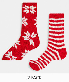 Набор из 2 пар пушистых носков красного цвета со снежинками и в полоску Loungeable-Красный