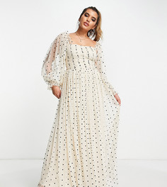 Эксклюзивное кремовое платье макси с запахом, принтом в горошек и драпированным лифом Lace & Beads-Белый