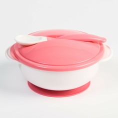 Набор для кормления: миска на присоске с крышкой, ложка, цвет белый/розовый