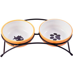 Миска для животных КерамикАрт Двойная на подставке оранжевая 2x290 мл