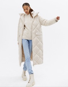 Удлиненное стеганое дутое пальто светло-бежевого цвета New Look-Светло-бежевый цвет