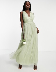 Шалфейно-зеленое свадебное платье макси из тюля с глубоким вырезом и бантом сзади ASOS DESIGN-Зеленый цвет