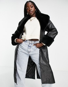 Пальто из искусственной кожи с воротником и манжетами из искусственного меха Urbancode-Черный цвет