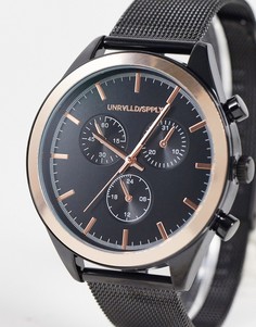 Черные часы из нержавеющей стали с золотистыми элементами и сетчатым браслетом ASOS DESIGN-Черный цвет