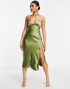 Атласное платье миди цвета хаки с вырезом на спине Parallel Lines-Зеленый цвет