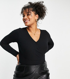 Черный лонгслив из трикотажа в рубчик с запахом New Look Curve-Черный цвет