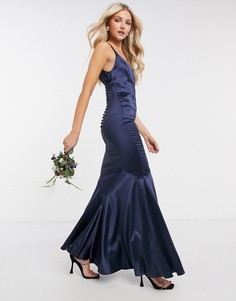 Атласное платье макси с пуговицами на спине ASOS DESIGN Bridesmaid-Темно-синий