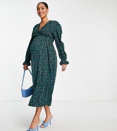 Зеленое платье с длинными рукавами и цветочным принтом Little Mistress Maternity by Vogue Williams-Черный цвет