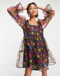 Платье мини из органзы со смешанным принтом и присборенной юбкой Twisted Wunder-Разноцветный